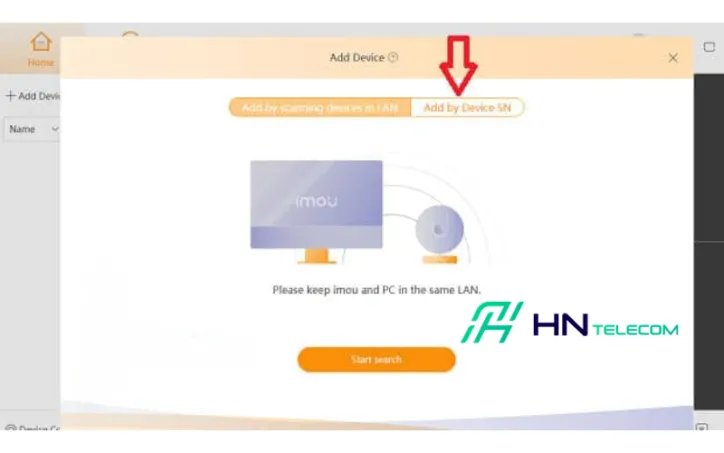 Nếu camera IMOU và máy tính không chia sẻ cùng mạng internet, bạn hãy chọn "Add by Device SN"